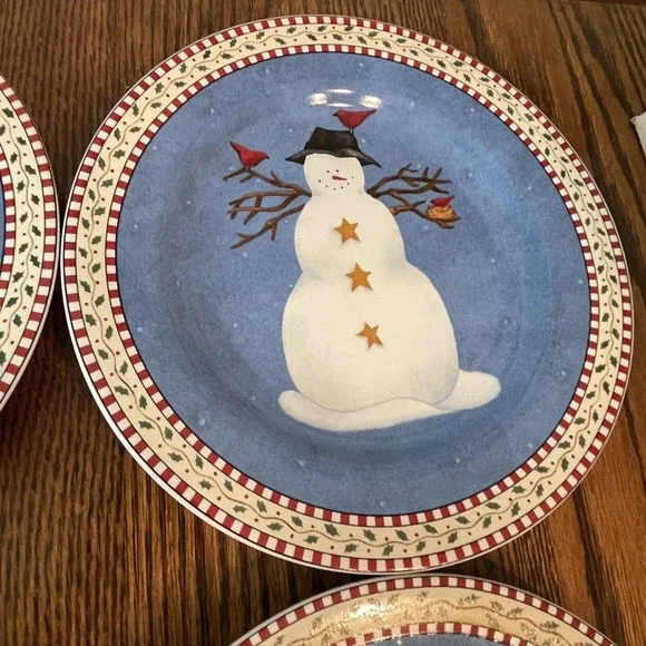 Sakura Snowman Debbie Mumm Set- 4 Christmas 8 1/4" Lunch Salad Plates Stoneware - Picture 6 of 11
